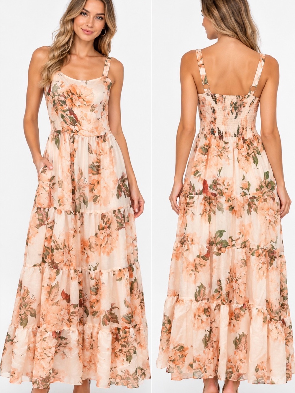 Meloday NWT Peach Floral Tiered Maxi Dress Smocked Back small
